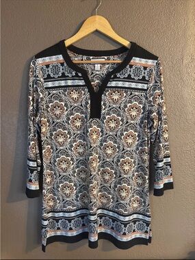 Charter Club Black Cream and Tan Patterned Henley Tunic